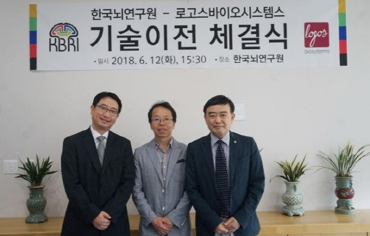 좌측부터 정연철 ㈜로고스바이로시스템스 대표이사, 최영식 한국뇌연구원 책임연구원, 김경진 한국뇌연구원 원장